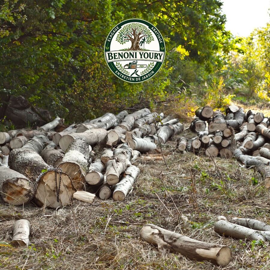 Troncs débités et rangés après un abattage d’arbres, terrain nettoyé
