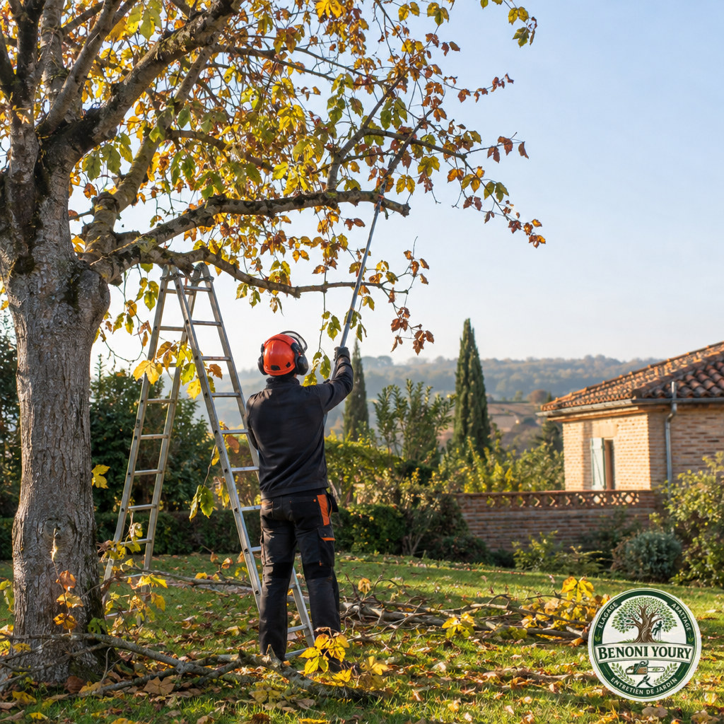Arbre au feuillage automnal près d’une maison, dont les branches sont à observer avant un élagage
