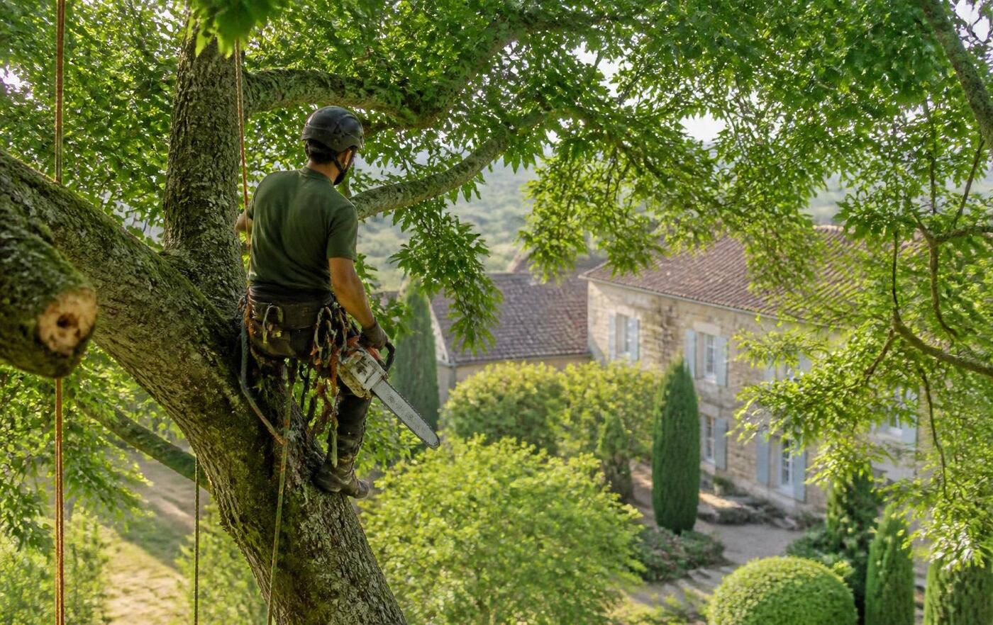 Élagueur encordé taillant un grand arbre au-dessus d’une maison de campagne en Tarn-et-Garonne